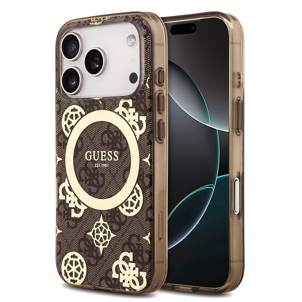 Apple iPhone 18 Pro Kılıf Guess M-safe Şarj Özellikli IML Peony ve 4G Desenli Klasik Logolu Kapak Kahverengi