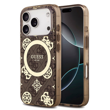 Apple iPhone 18 Pro Kılıf Guess M-safe Şarj Özellikli IML Peony ve 4G Desenli Klasik Logolu Kapak Kahverengi