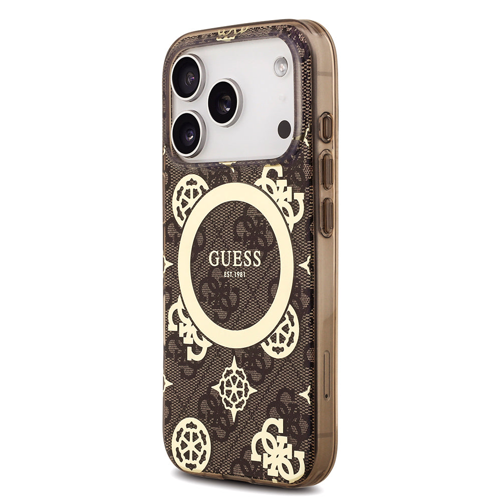 Apple iPhone 18 Pro Kılıf Guess M-safe Şarj Özellikli IML Peony ve 4G Desenli Klasik Logolu Kapak Kahverengi