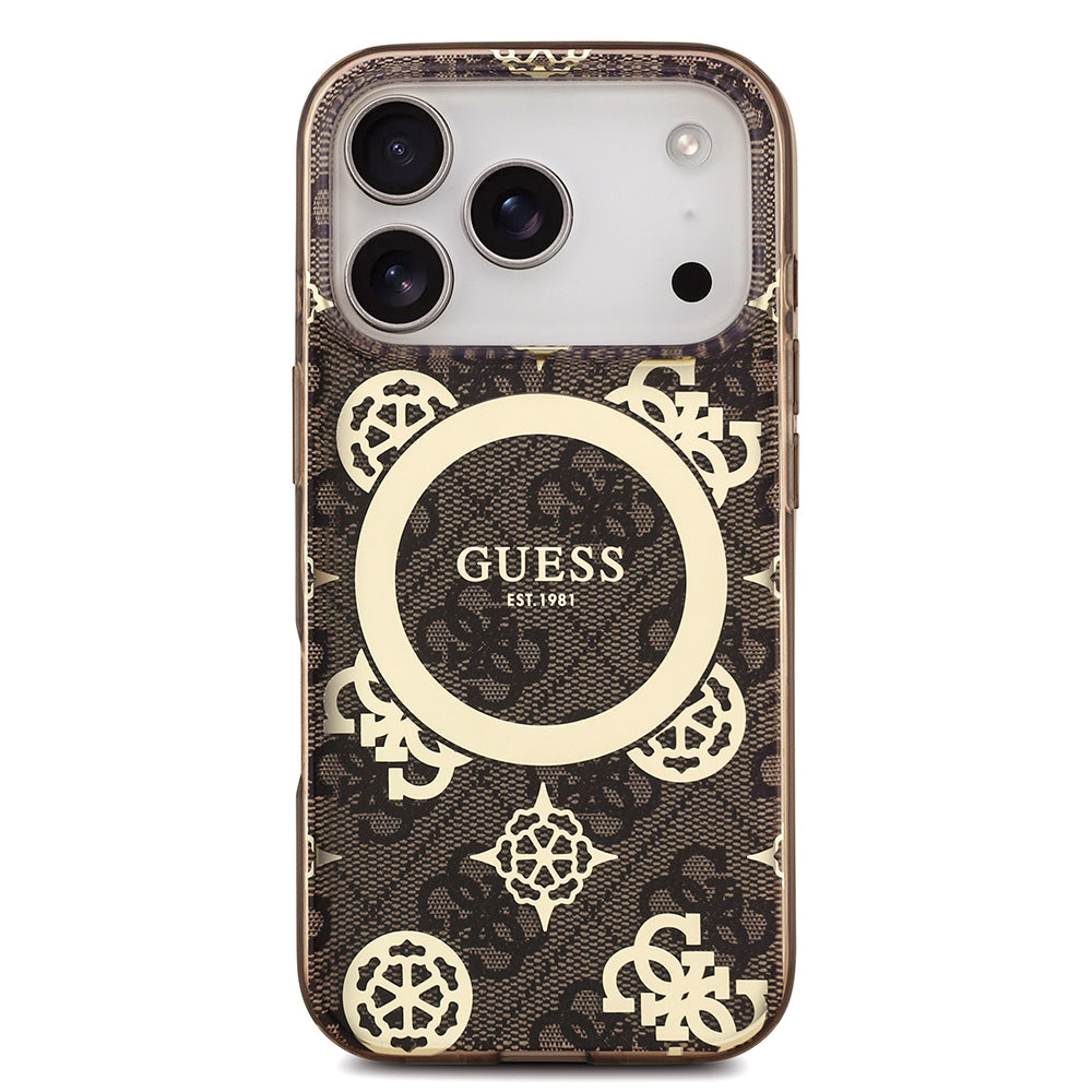 Apple iPhone 18 Pro Kılıf Guess M-safe Şarj Özellikli IML Peony ve 4G Desenli Klasik Logolu Kapak Kahverengi