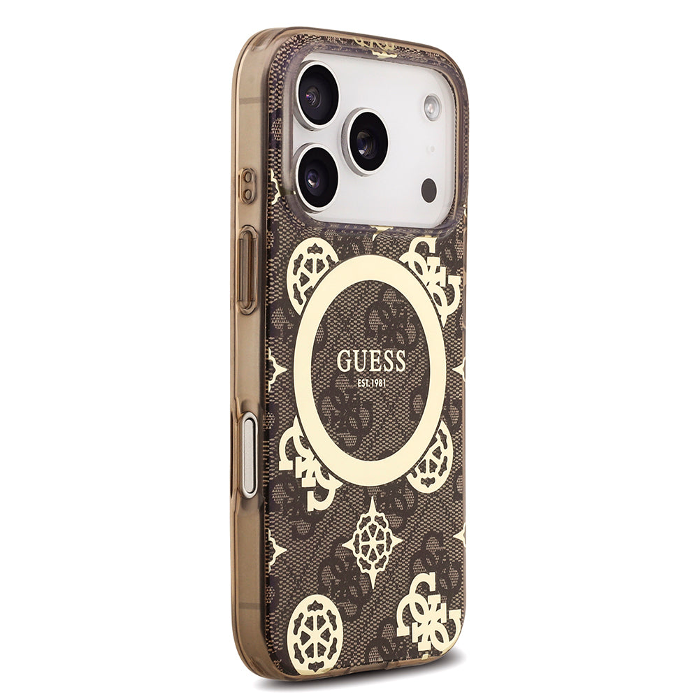 Apple iPhone 18 Pro Kılıf Guess M-safe Şarj Özellikli IML Peony ve 4G Desenli Klasik Logolu Kapak Kahverengi