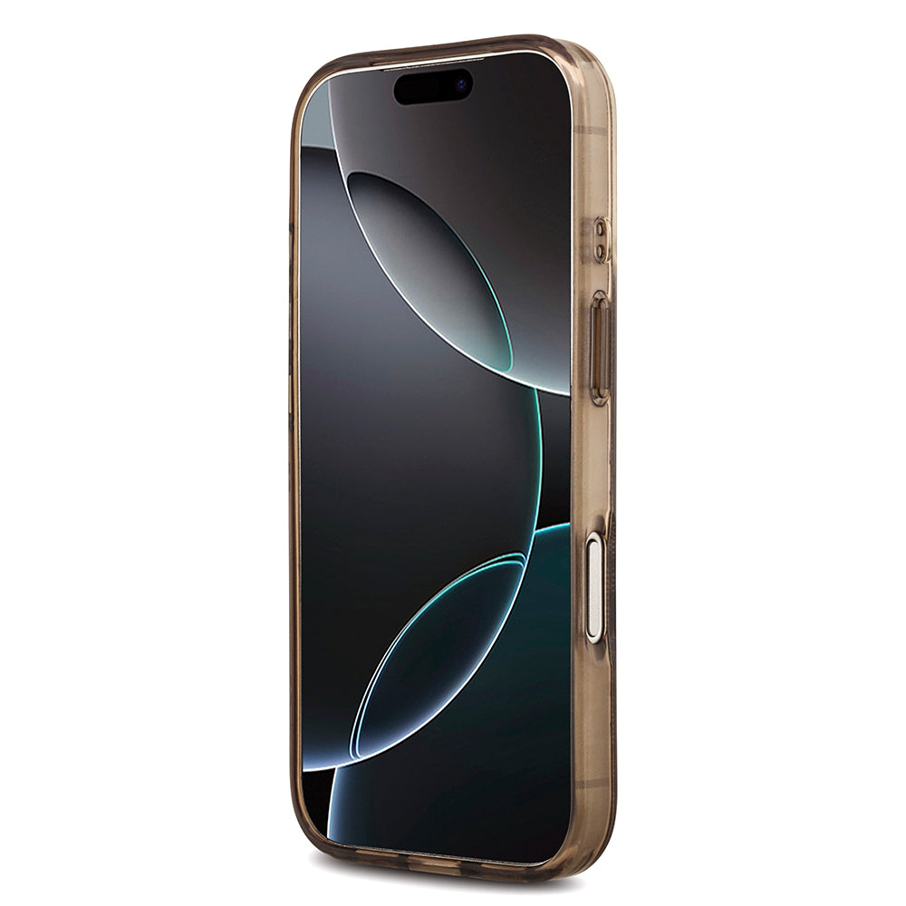Apple iPhone 18 Pro Kılıf Guess M-safe Şarj Özellikli IML Peony ve 4G Desenli Klasik Logolu Kapak Kahverengi