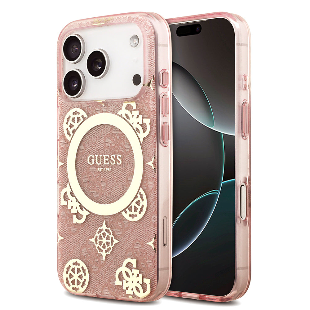 Apple iPhone 18 Pro Max Kılıf Guess M-safe Şarj Özellikli IML Peony ve 4G Desenli Klasik Logolu Kapak Pembe