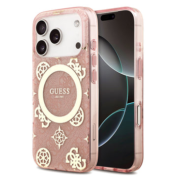 Apple iPhone 18 Pro Max Kılıf Guess M-safe Şarj Özellikli IML Peony ve 4G Desenli Klasik Logolu Kapak Pembe
