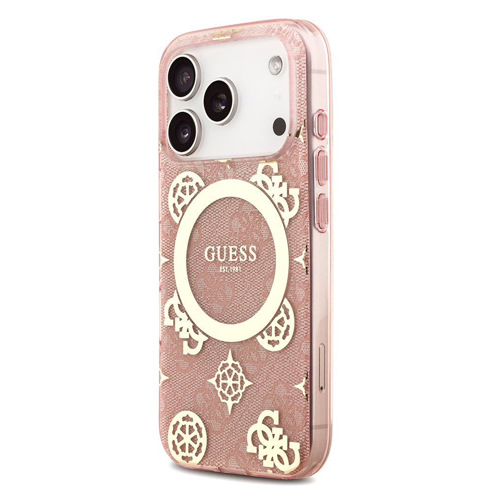 Apple iPhone 18 Pro Max Kılıf Guess M-safe Şarj Özellikli IML Peony ve 4G Desenli Klasik Logolu Kapak Pembe