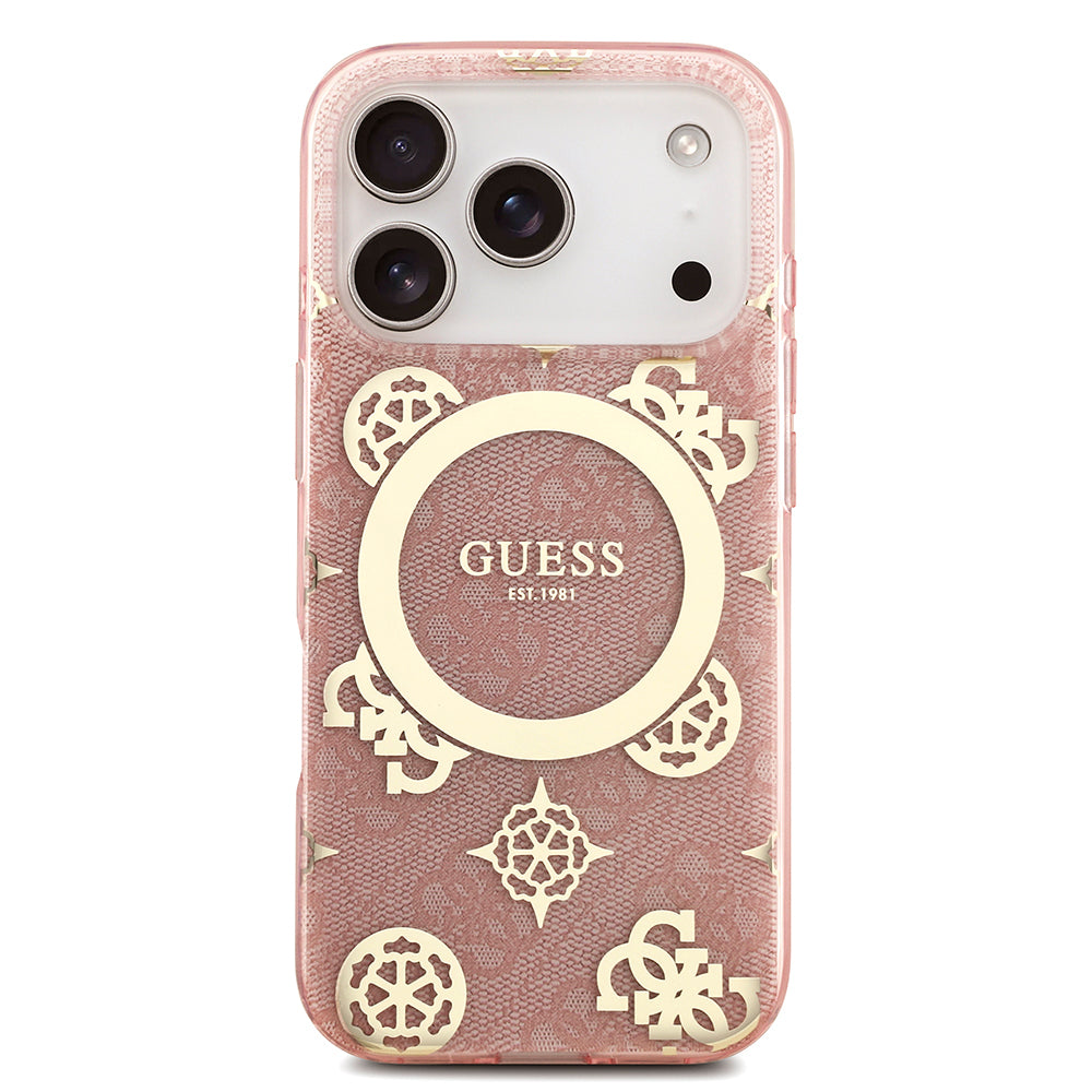 Apple iPhone 18 Pro Max Kılıf Guess M-safe Şarj Özellikli IML Peony ve 4G Desenli Klasik Logolu Kapak Pembe