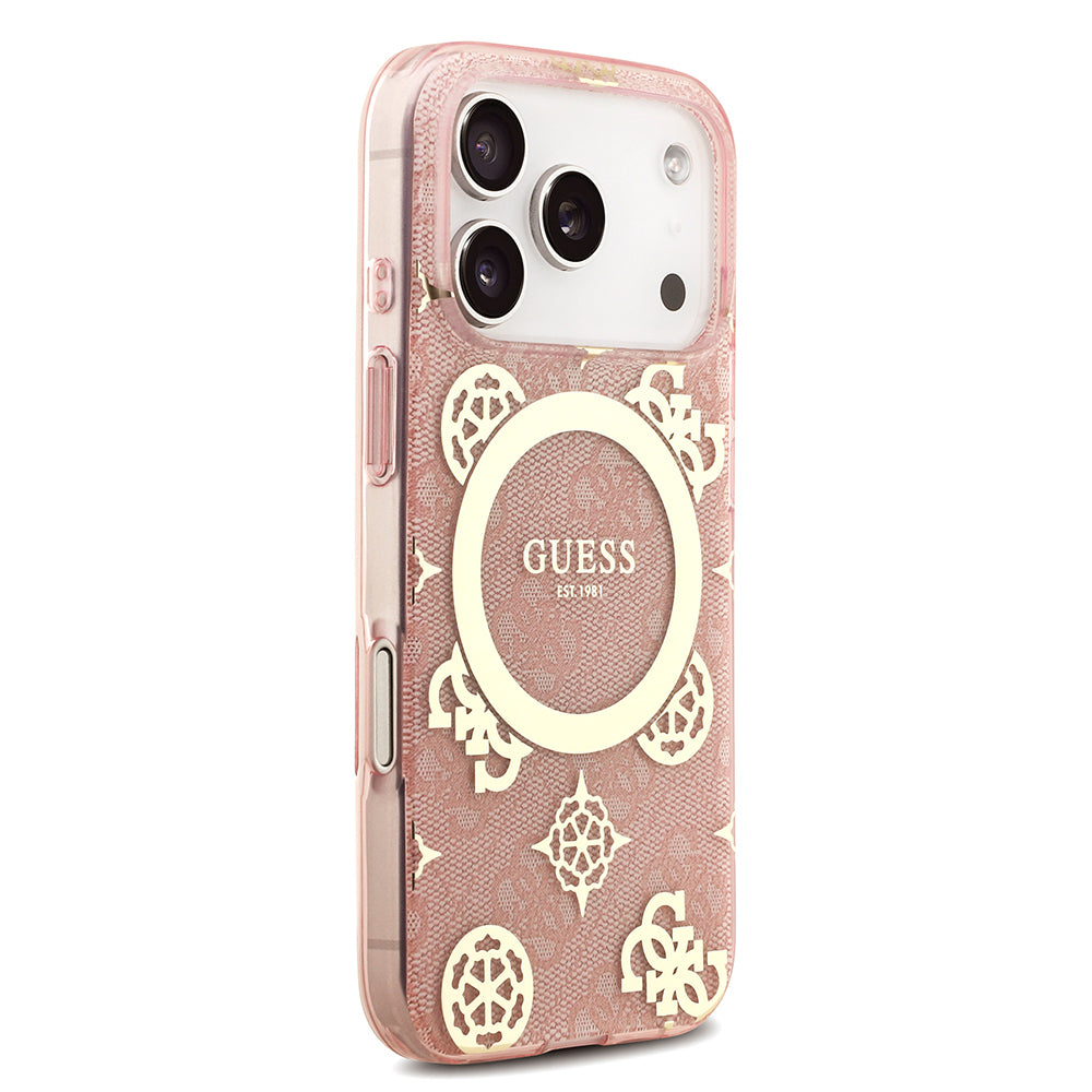 Apple iPhone 18 Pro Max Kılıf Guess M-safe Şarj Özellikli IML Peony ve 4G Desenli Klasik Logolu Kapak Pembe