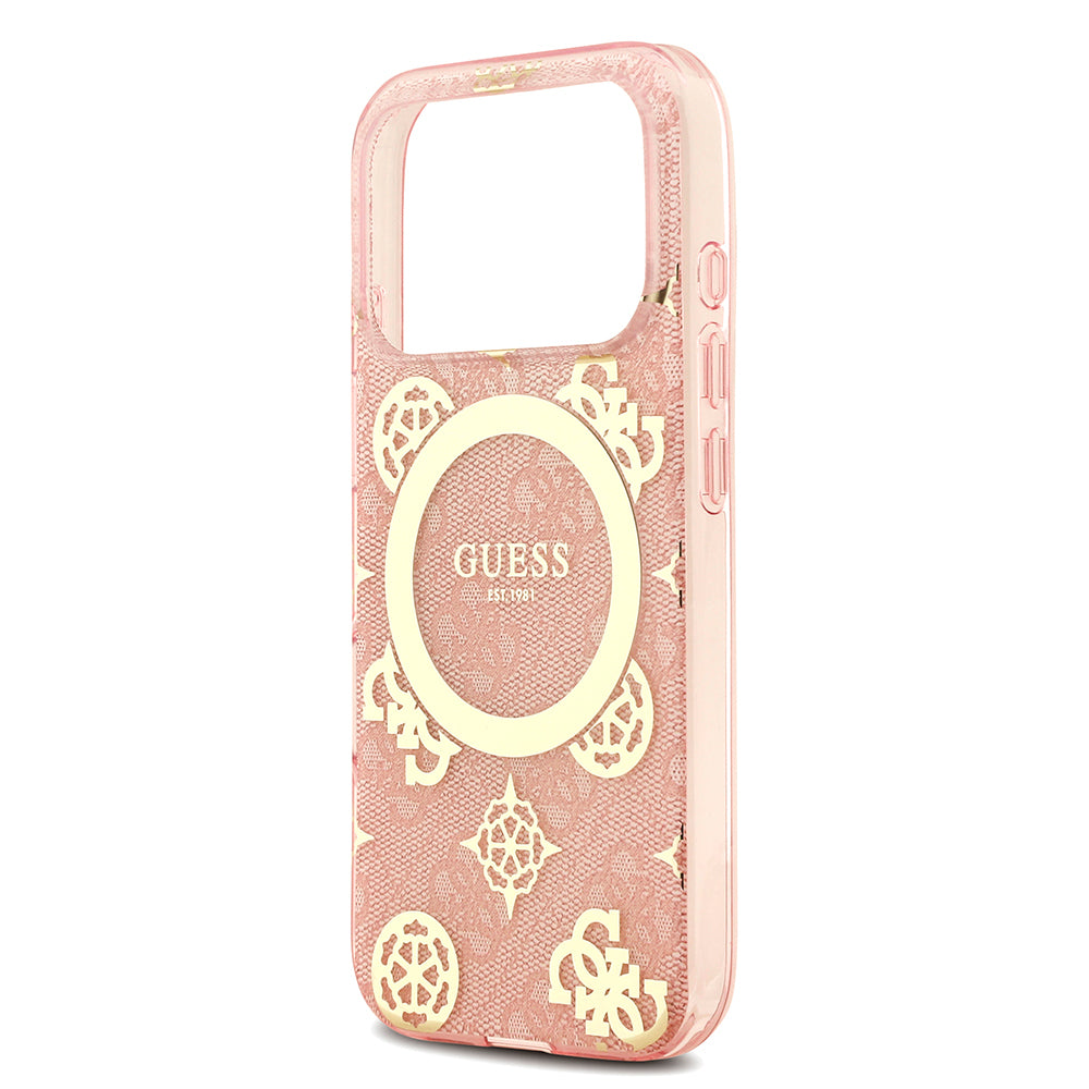 Apple iPhone 18 Pro Max Kılıf Guess M-safe Şarj Özellikli IML Peony ve 4G Desenli Klasik Logolu Kapak Pembe