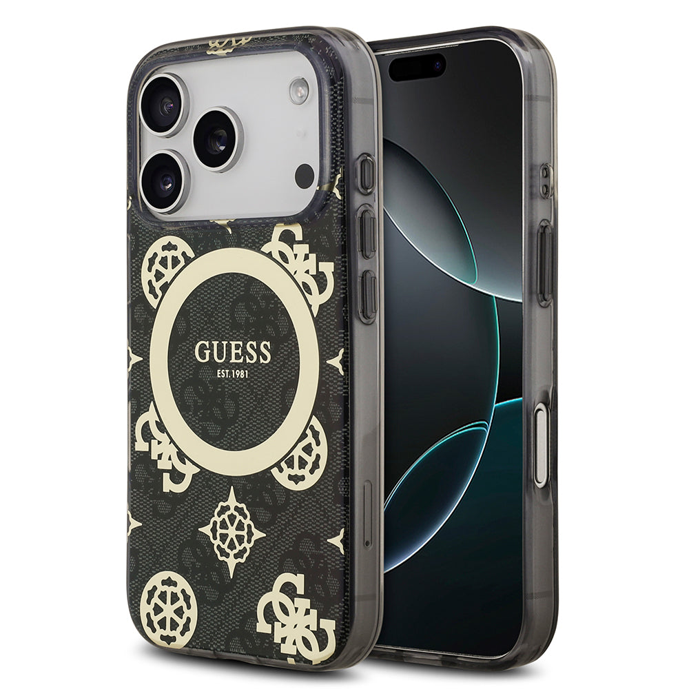 Apple iPhone 18 Pro Max Kılıf Guess M-safe Şarj Özellikli IML Peony ve 4G Desenli Klasik Logolu Kapak Siyah