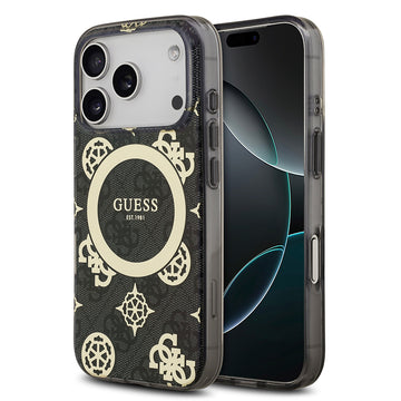 Apple iPhone 18 Pro Max Kılıf Guess M-safe Şarj Özellikli IML Peony ve 4G Desenli Klasik Logolu Kapak Siyah