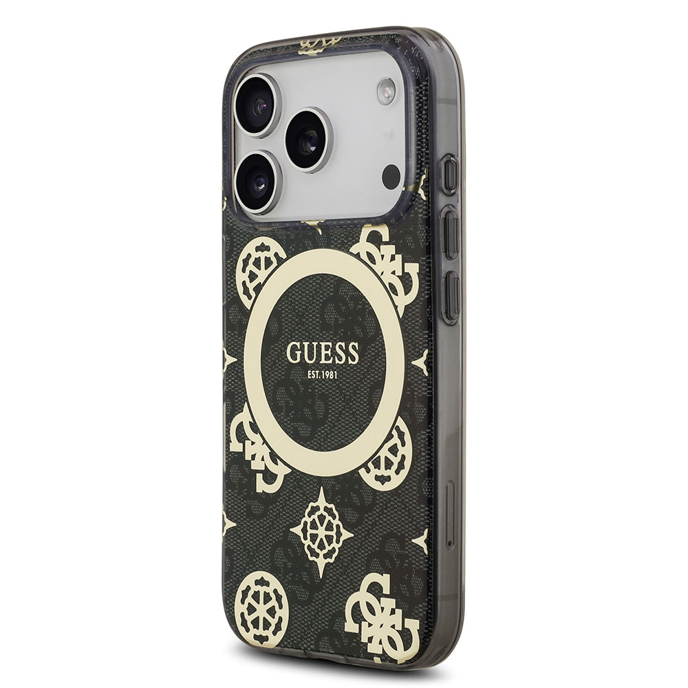 Apple iPhone 18 Pro Max Kılıf Guess M-safe Şarj Özellikli IML Peony ve 4G Desenli Klasik Logolu Kapak Siyah