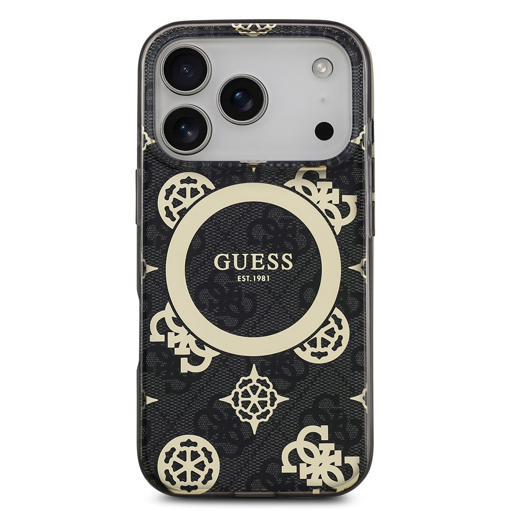 Apple iPhone 18 Pro Max Kılıf Guess M-safe Şarj Özellikli IML Peony ve 4G Desenli Klasik Logolu Kapak Siyah