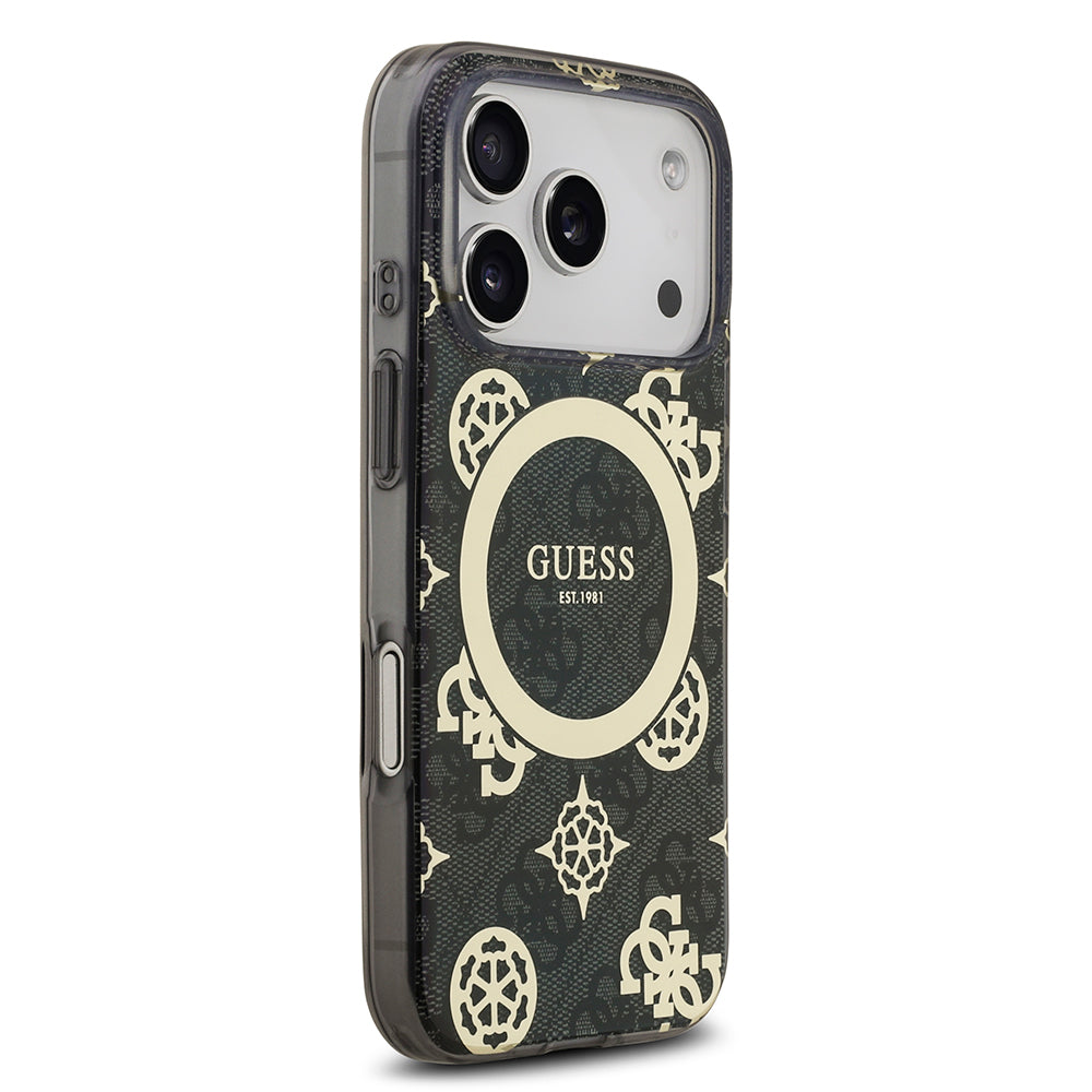 Apple iPhone 18 Pro Max Kılıf Guess M-safe Şarj Özellikli IML Peony ve 4G Desenli Klasik Logolu Kapak Siyah