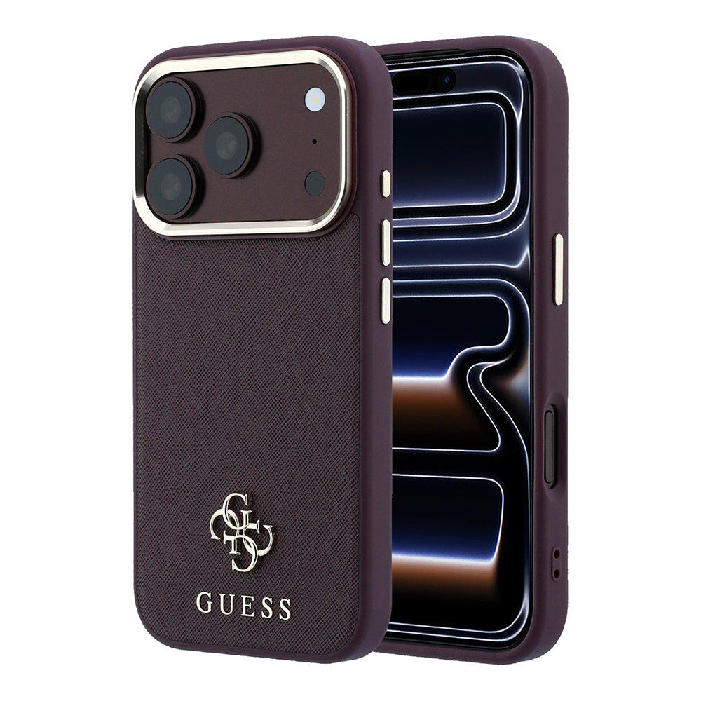 Apple iPhone 18 Pro Max Kılıf Guess M-safe Şarj Özellikli Klasik Yazı ve 4G Logolu PU Deri Saffiano Kapak Bordo