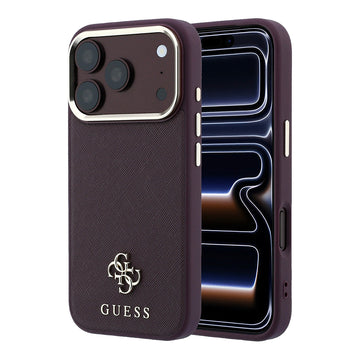 Apple iPhone 18 Pro Max Kılıf Guess M-safe Şarj Özellikli Klasik Yazı ve 4G Logolu PU Deri Saffiano Kapak Bordo