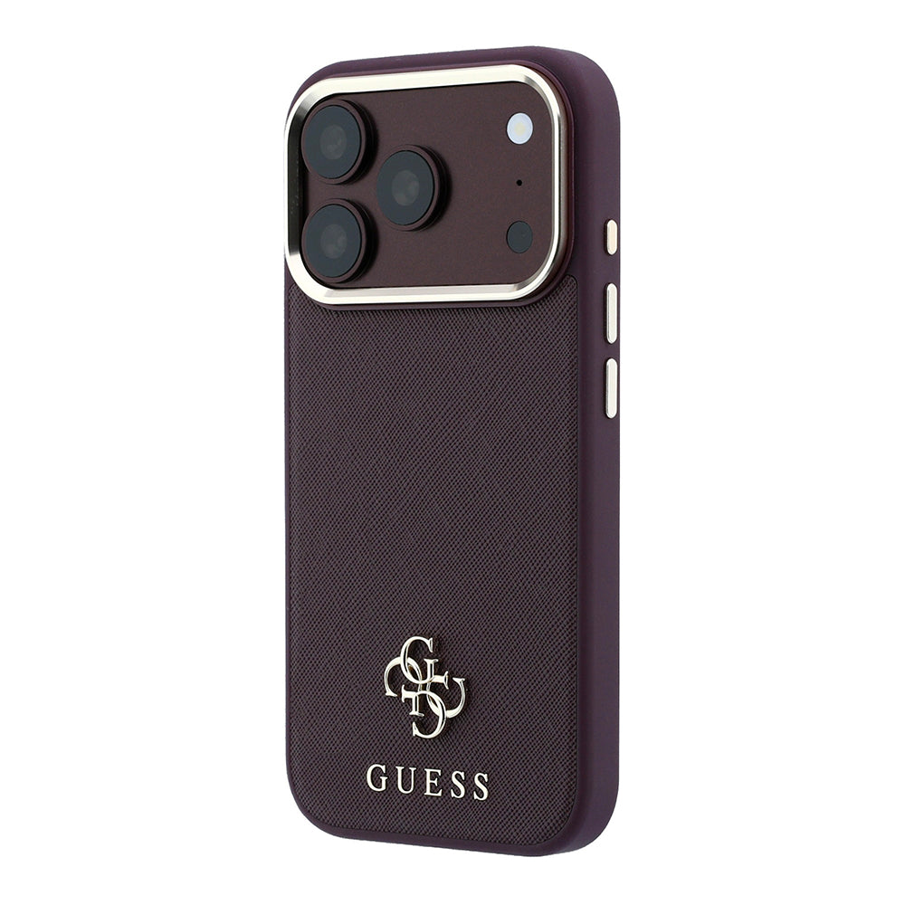 Apple iPhone 18 Pro Max Kılıf Guess M-safe Şarj Özellikli Klasik Yazı ve 4G Logolu PU Deri Saffiano Kapak Bordo