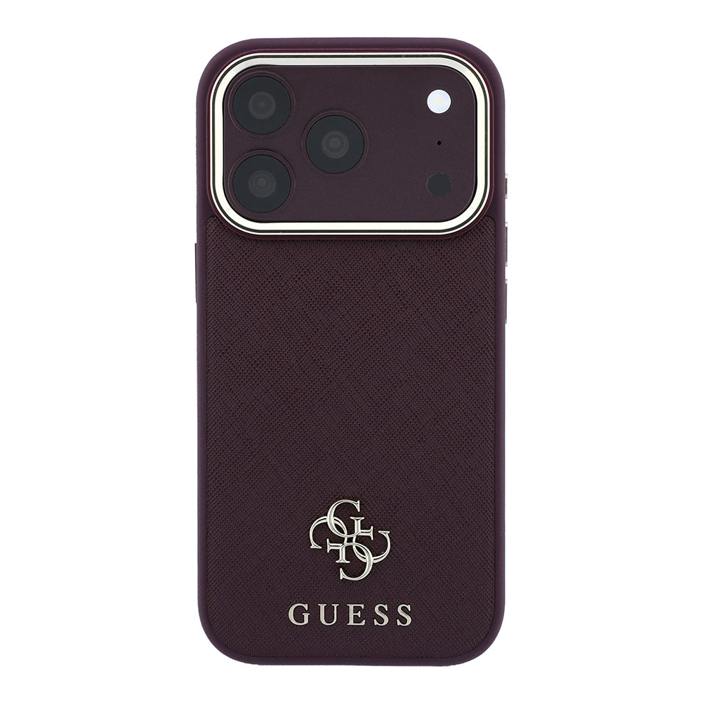 Apple iPhone 18 Pro Max Kılıf Guess M-safe Şarj Özellikli Klasik Yazı ve 4G Logolu PU Deri Saffiano Kapak Bordo