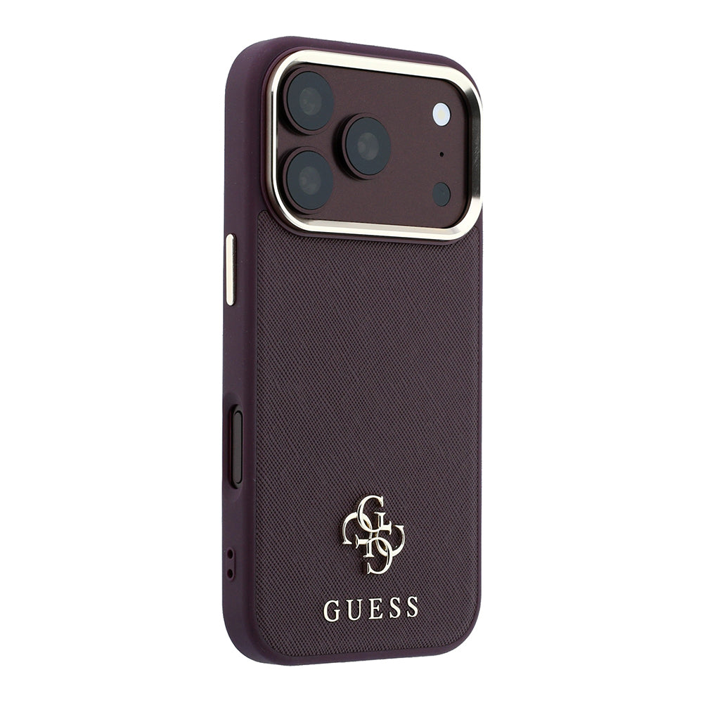 Apple iPhone 18 Pro Max Kılıf Guess M-safe Şarj Özellikli Klasik Yazı ve 4G Logolu PU Deri Saffiano Kapak Bordo