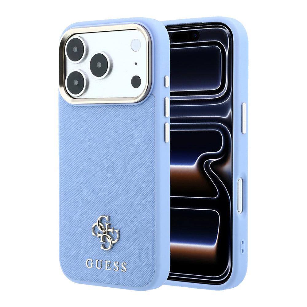 Apple iPhone 18 Pro Max Kılıf Guess M-safe Şarj Özellikli Klasik Yazı ve 4G Logolu PU Deri Saffiano Kapak Mavi