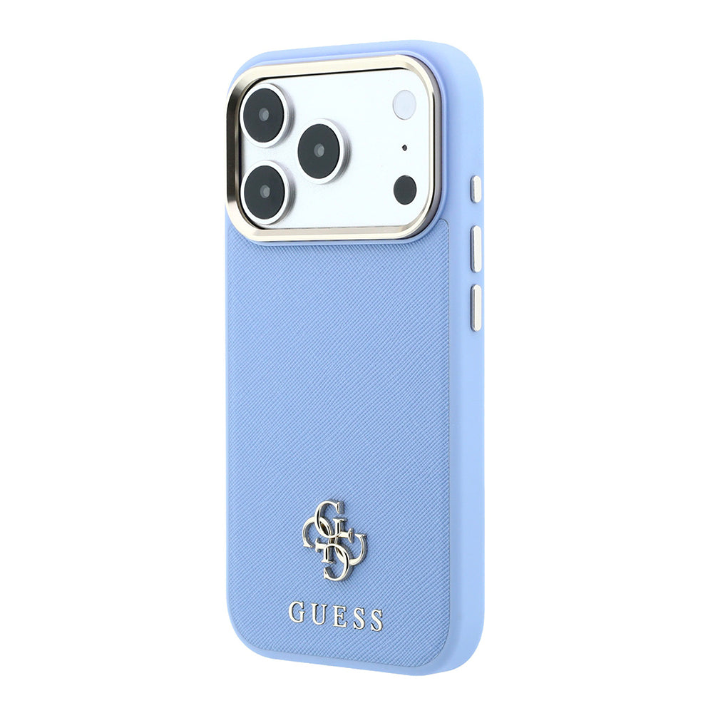 Apple iPhone 18 Pro Max Kılıf Guess M-safe Şarj Özellikli Klasik Yazı ve 4G Logolu PU Deri Saffiano Kapak Mavi