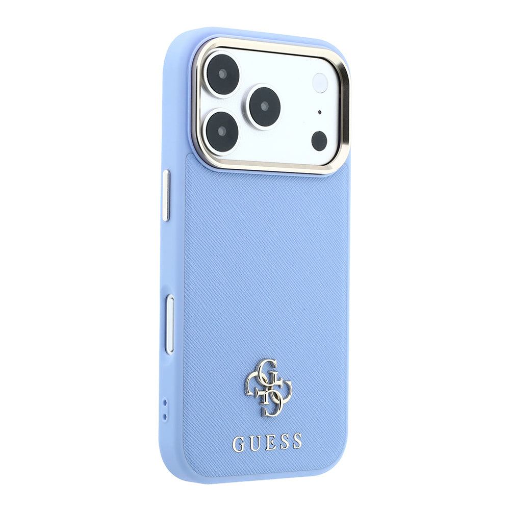 Apple iPhone 18 Pro Max Kılıf Guess M-safe Şarj Özellikli Klasik Yazı ve 4G Logolu PU Deri Saffiano Kapak Mavi