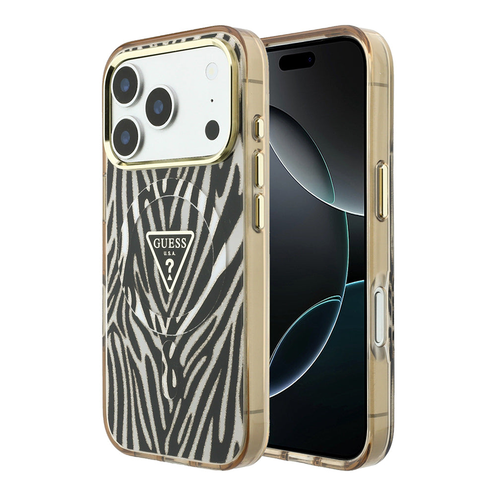Apple iPhone 18 Pro Max Kılıf Guess M-safe Şarj Özellikli Üçgen Logolu Zebra Desenli Kapak Gold