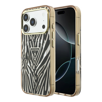 Apple iPhone 18 Pro Max Kılıf Guess M-safe Şarj Özellikli Üçgen Logolu Zebra Desenli Kapak Gold