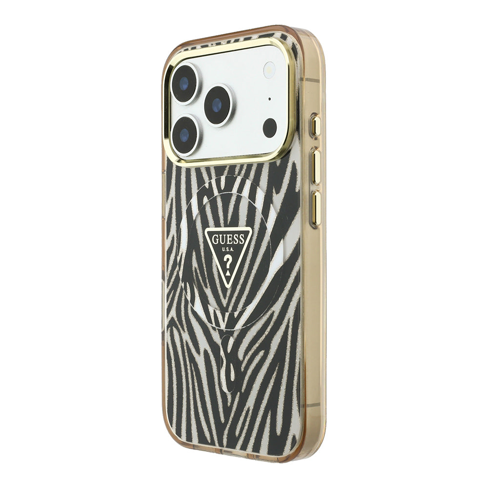 Apple iPhone 18 Pro Max Kılıf Guess M-safe Şarj Özellikli Üçgen Logolu Zebra Desenli Kapak Gold