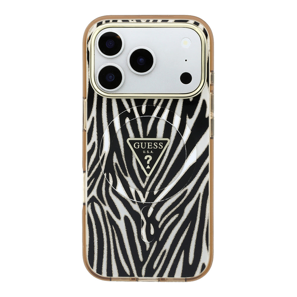 Apple iPhone 18 Pro Max Kılıf Guess M-safe Şarj Özellikli Üçgen Logolu Zebra Desenli Kapak Gold