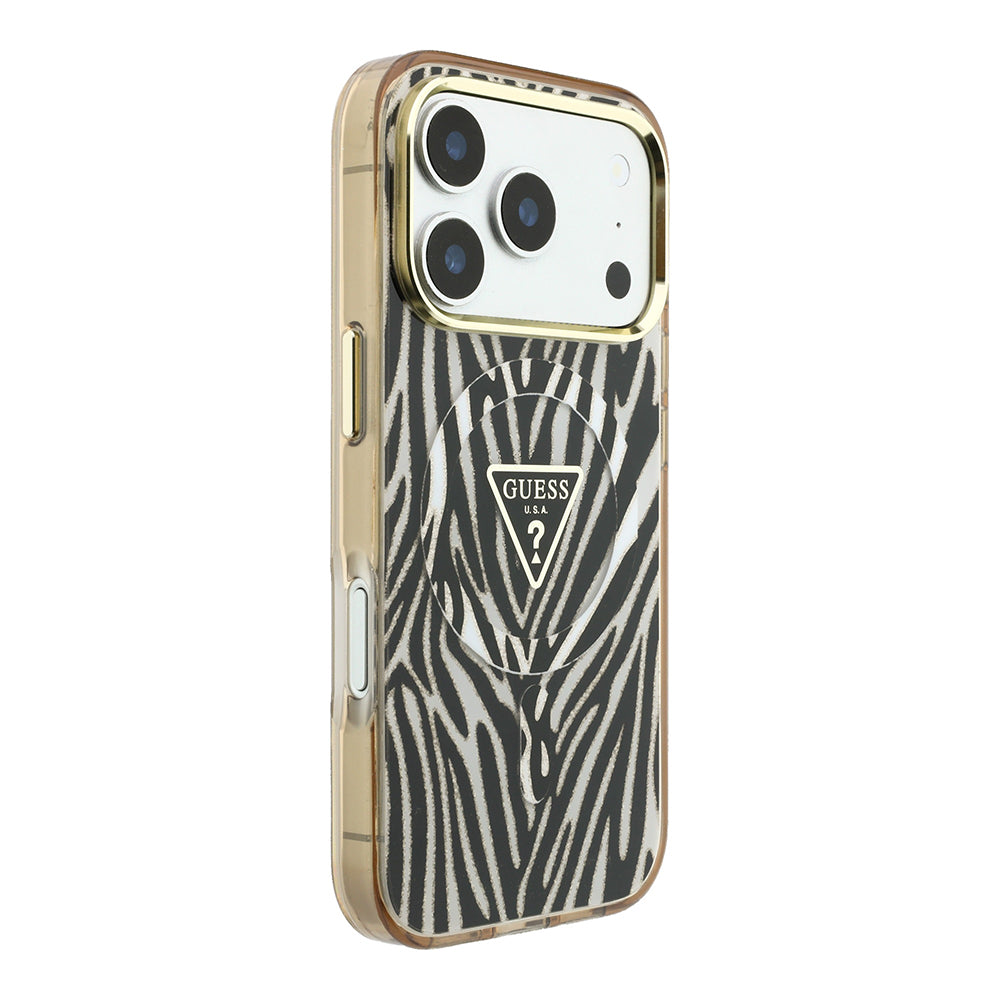 Apple iPhone 18 Pro Max Kılıf Guess M-safe Şarj Özellikli Üçgen Logolu Zebra Desenli Kapak Gold