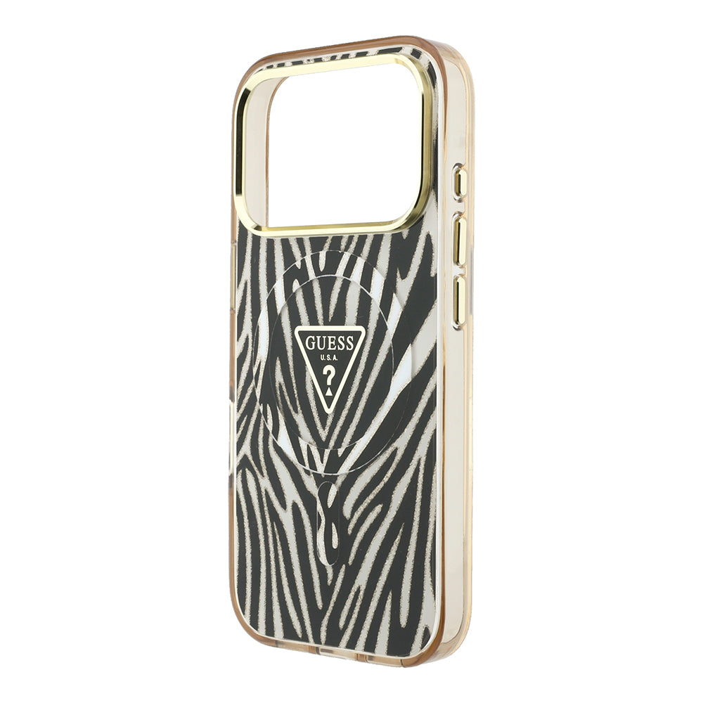 Apple iPhone 18 Pro Max Kılıf Guess M-safe Şarj Özellikli Üçgen Logolu Zebra Desenli Kapak Gold