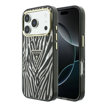 Apple iPhone 18 Pro Max Kılıf Guess M-safe Şarj Özellikli Üçgen Logolu Zebra Desenli Kapak Gümüş