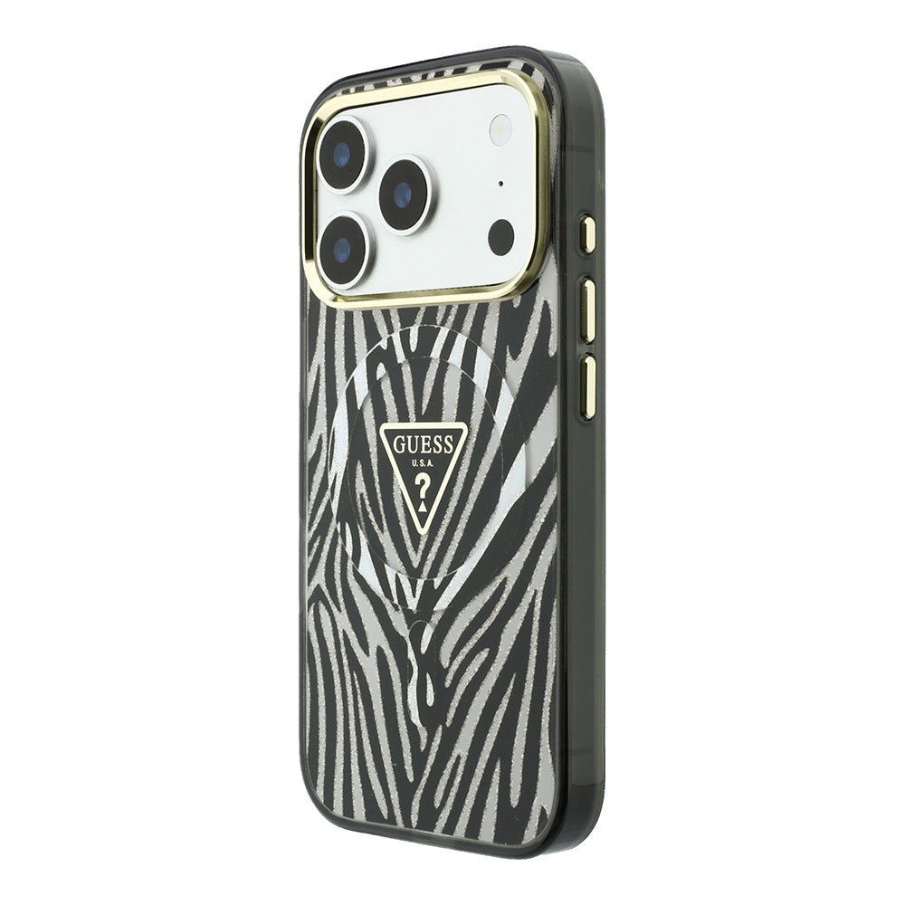 Apple iPhone 18 Pro Max Kılıf Guess M-safe Şarj Özellikli Üçgen Logolu Zebra Desenli Kapak Gümüş