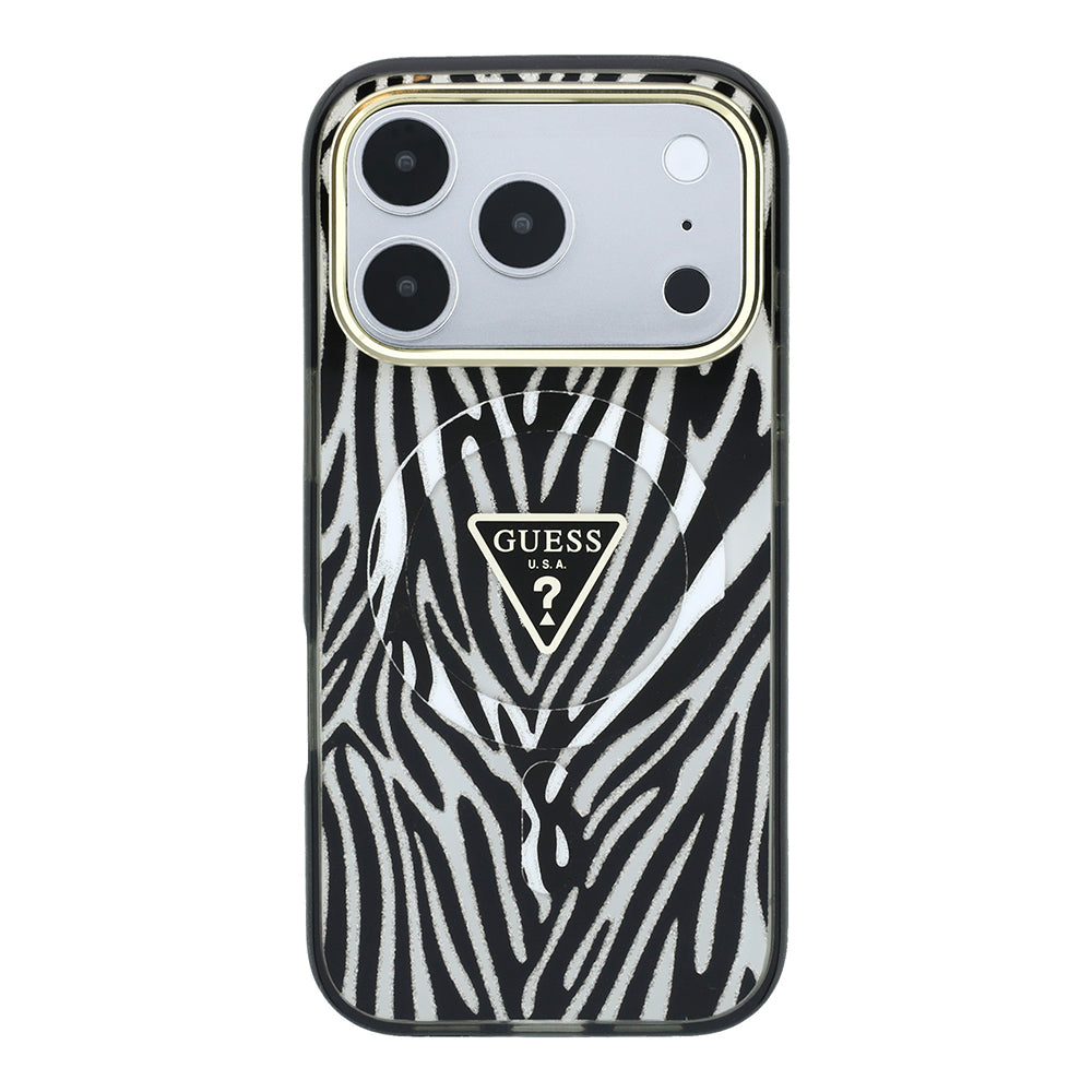 Apple iPhone 18 Pro Max Kılıf Guess M-safe Şarj Özellikli Üçgen Logolu Zebra Desenli Kapak Gümüş
