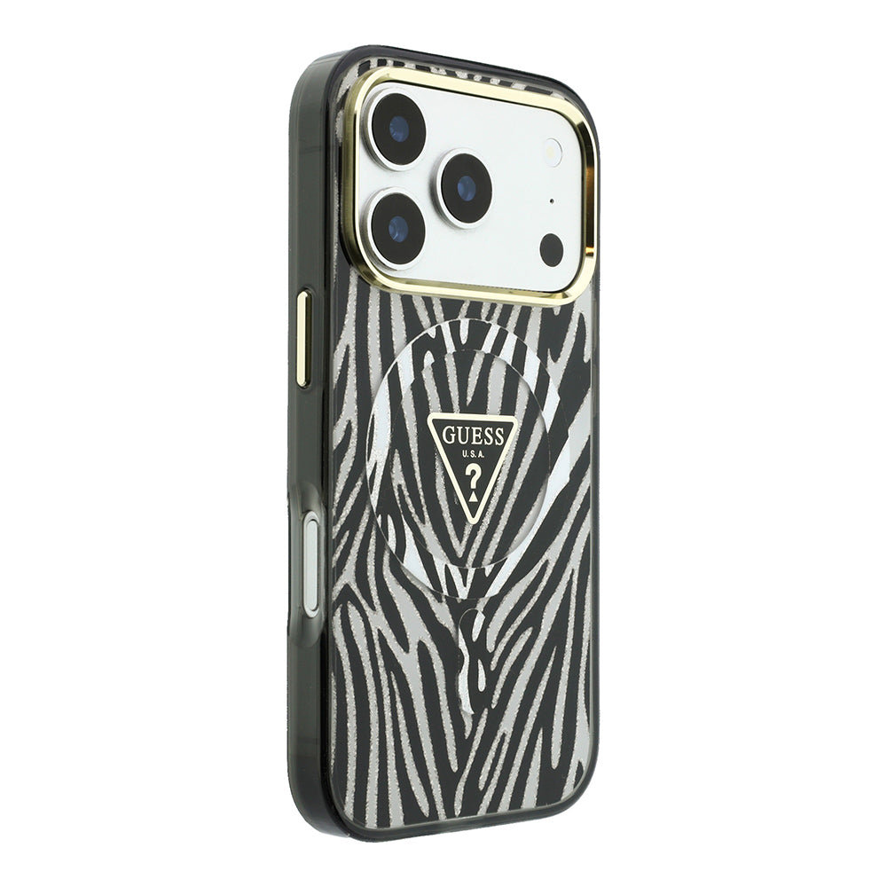 Apple iPhone 18 Pro Max Kılıf Guess M-safe Şarj Özellikli Üçgen Logolu Zebra Desenli Kapak Gümüş