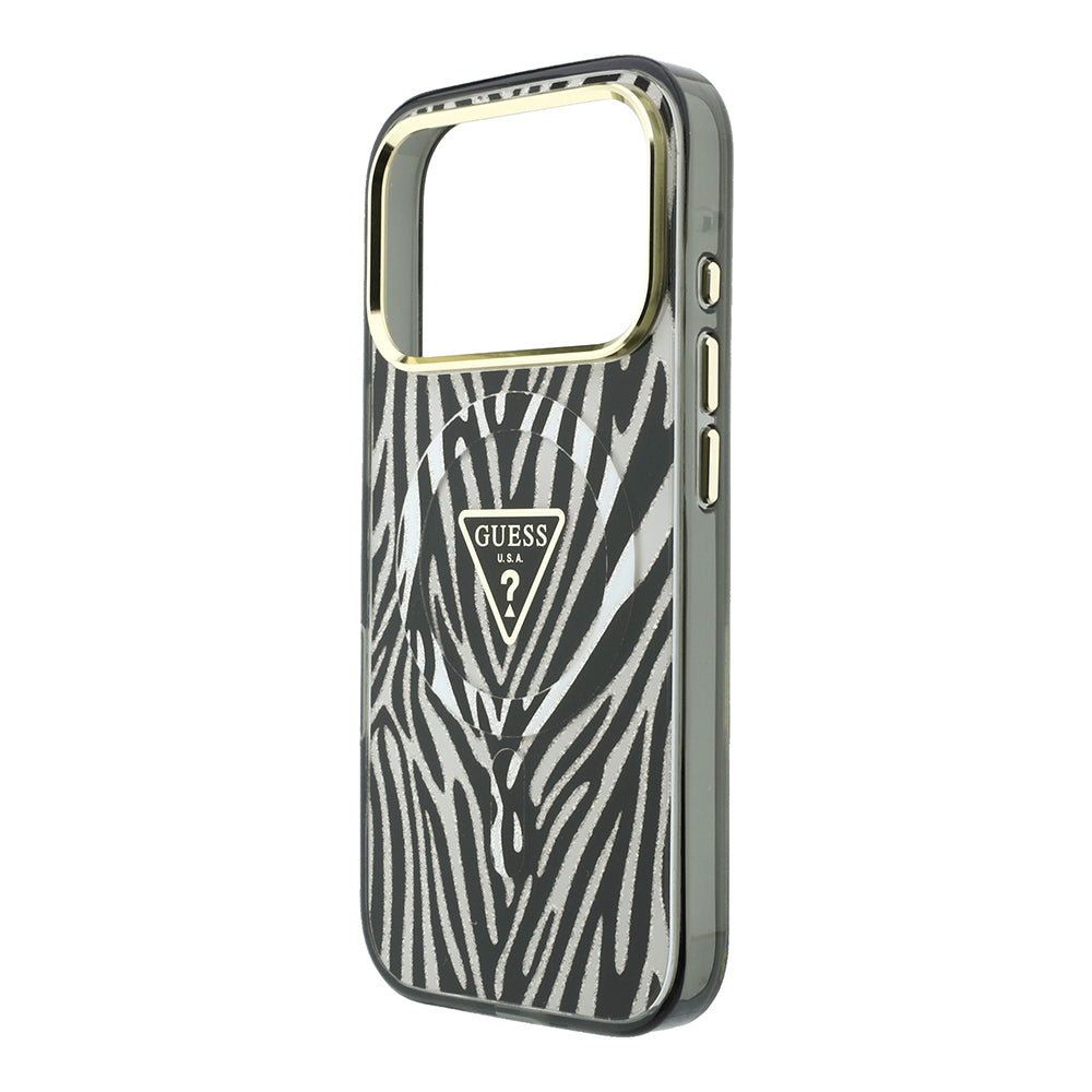 Apple iPhone 18 Pro Max Kılıf Guess M-safe Şarj Özellikli Üçgen Logolu Zebra Desenli Kapak Gümüş