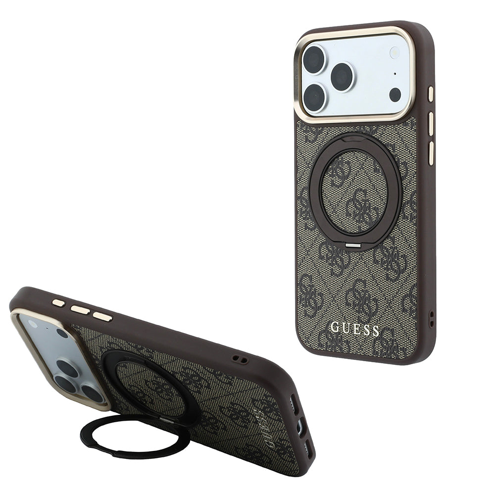 Apple iPhone 18 Pro Max Kılıf Guess M-safe Uyumlu 360 Dönebilen Standlı 4G Desenli Klasik Yazı Logolu Kapak Kahverengi