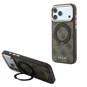 Apple iPhone 18 Pro Max Kılıf Guess M-safe Uyumlu 360 Dönebilen Standlı 4G Desenli Klasik Yazı Logolu Kapak Kahverengi