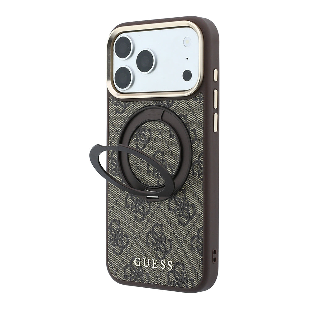 Apple iPhone 18 Pro Max Kılıf Guess M-safe Uyumlu 360 Dönebilen Standlı 4G Desenli Klasik Yazı Logolu Kapak Kahverengi