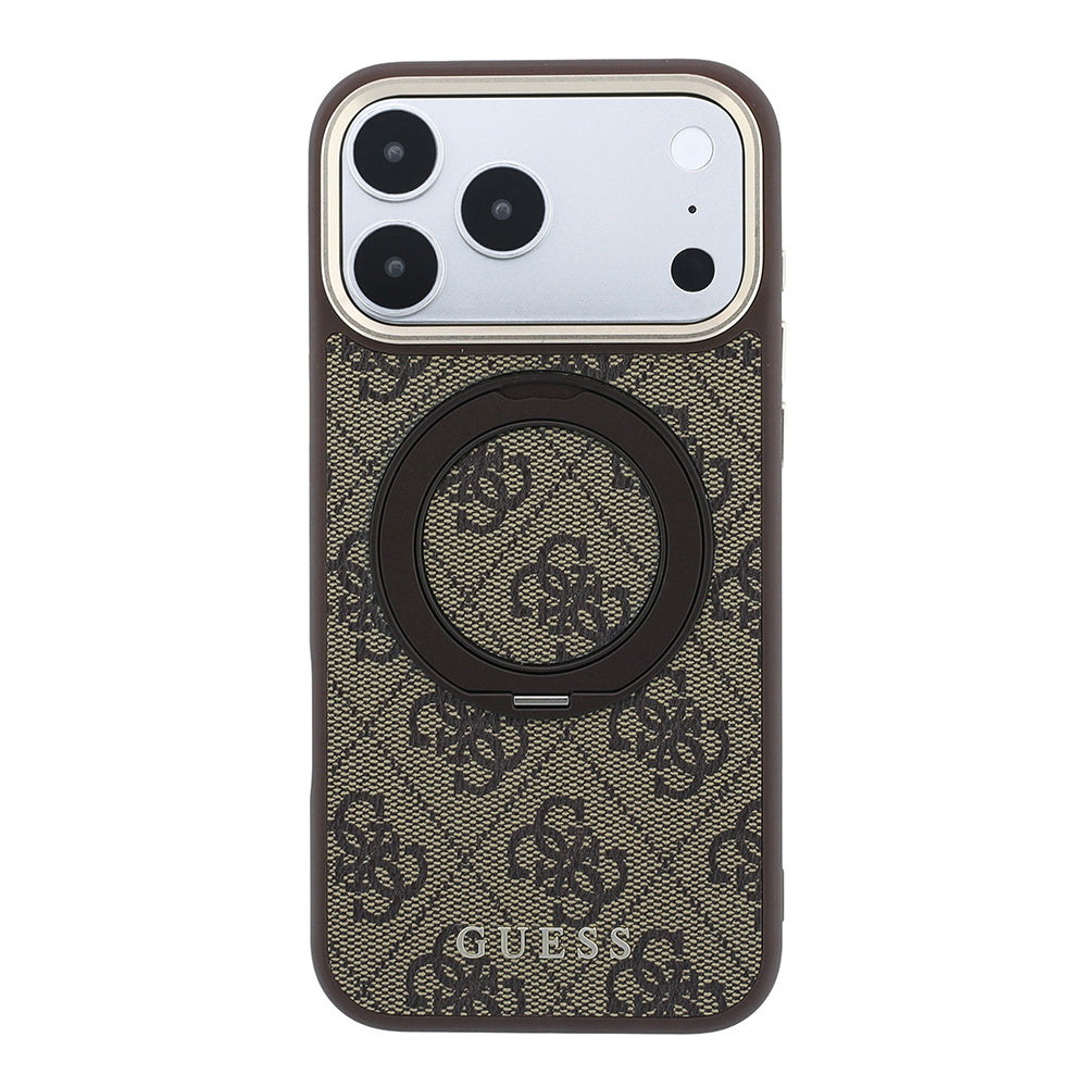 Apple iPhone 18 Pro Max Kılıf Guess M-safe Uyumlu 360 Dönebilen Standlı 4G Desenli Klasik Yazı Logolu Kapak Kahverengi
