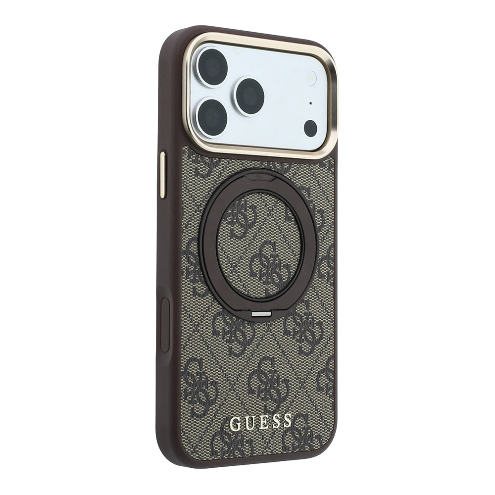 Apple iPhone 18 Pro Max Kılıf Guess M-safe Uyumlu 360 Dönebilen Standlı 4G Desenli Klasik Yazı Logolu Kapak Kahverengi