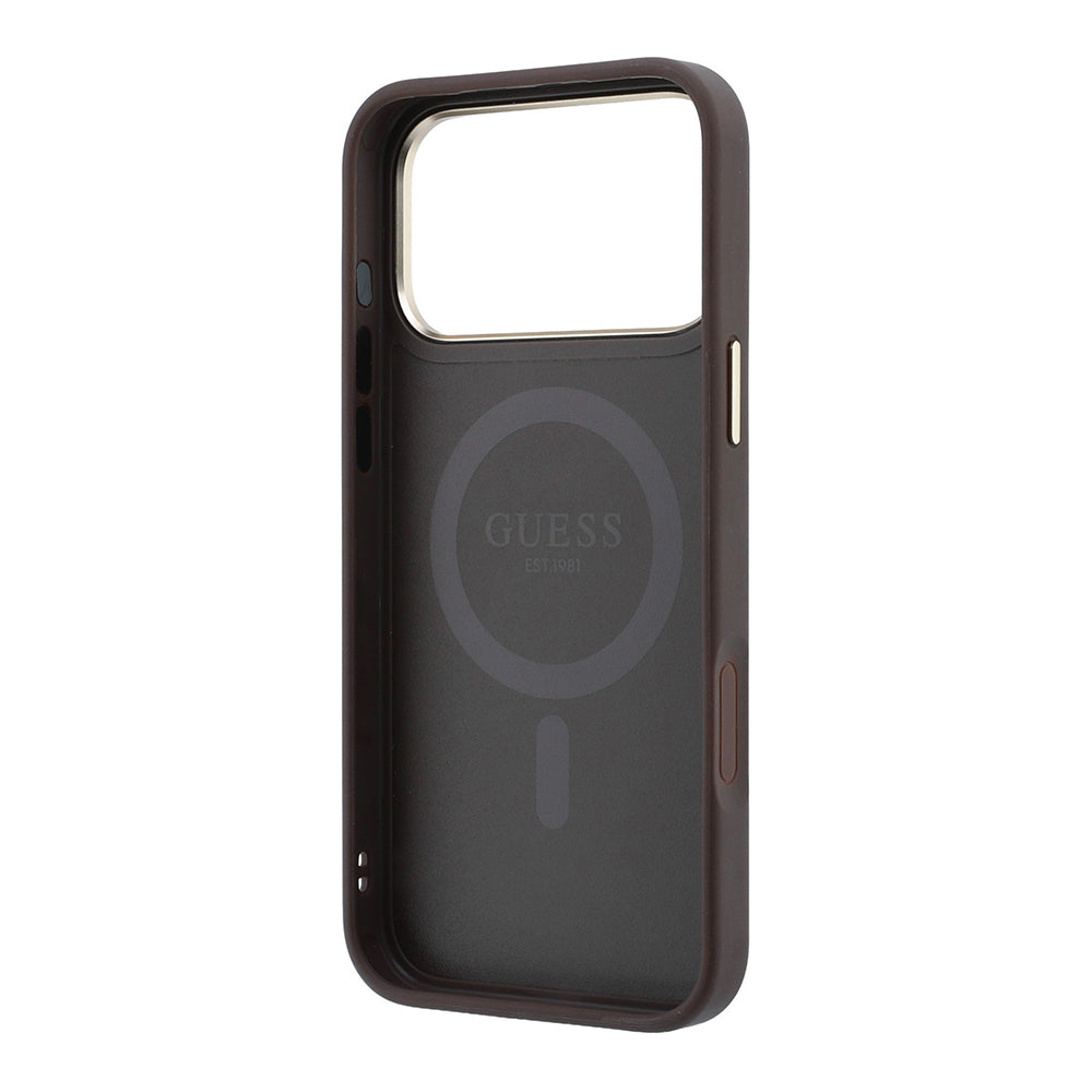 Apple iPhone 18 Pro Max Kılıf Guess M-safe Uyumlu 360 Dönebilen Standlı 4G Desenli Klasik Yazı Logolu Kapak Kahverengi