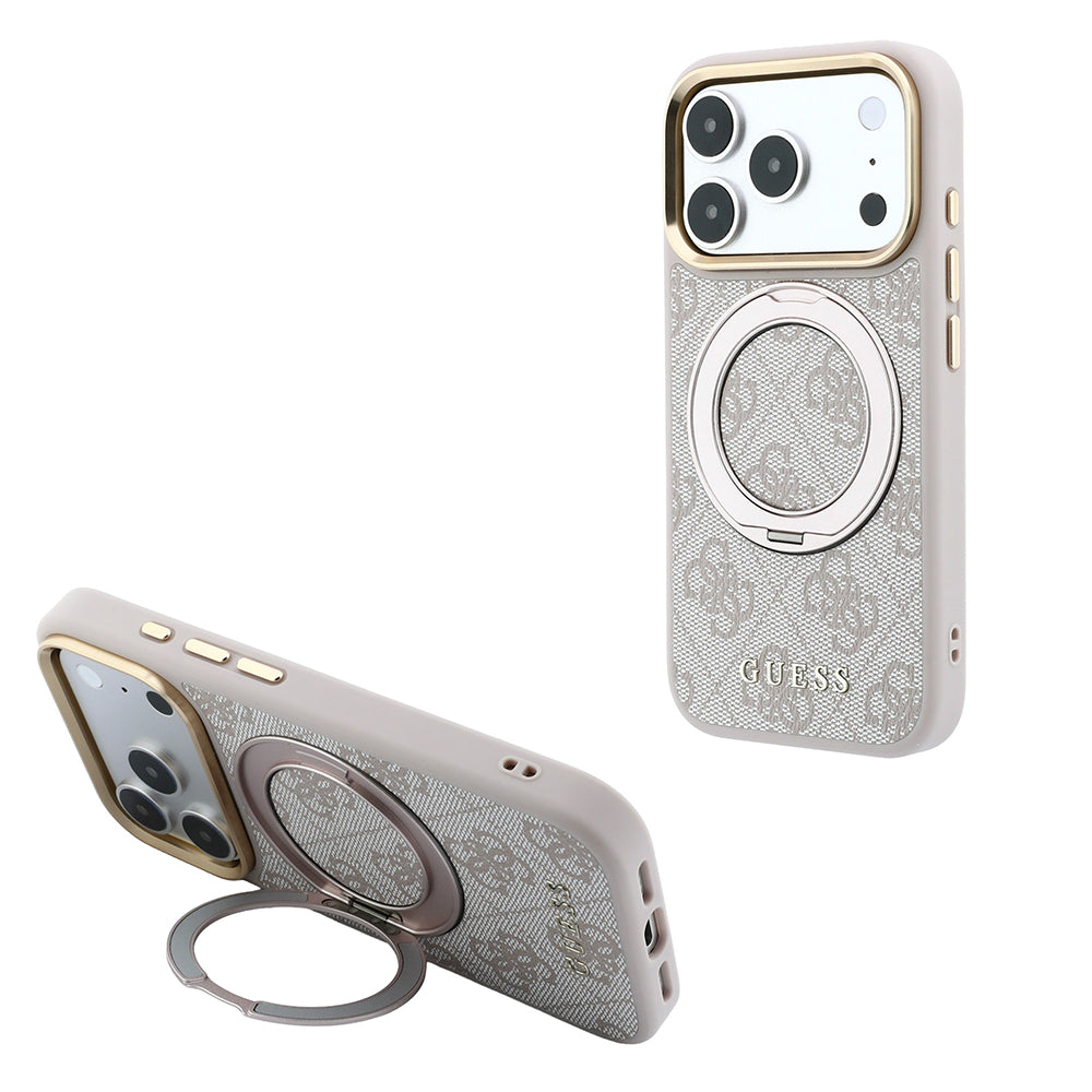 Apple iPhone 18 Pro Max Kılıf Guess M-safe Uyumlu 360 Dönebilen Standlı 4G Desenli Klasik Yazı Logolu Kapak Pembe