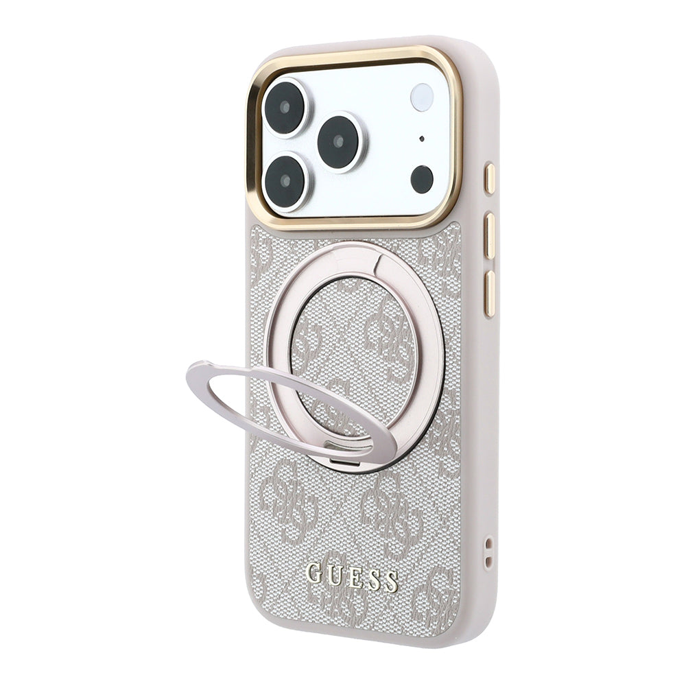 Apple iPhone 18 Pro Max Kılıf Guess M-safe Uyumlu 360 Dönebilen Standlı 4G Desenli Klasik Yazı Logolu Kapak Pembe