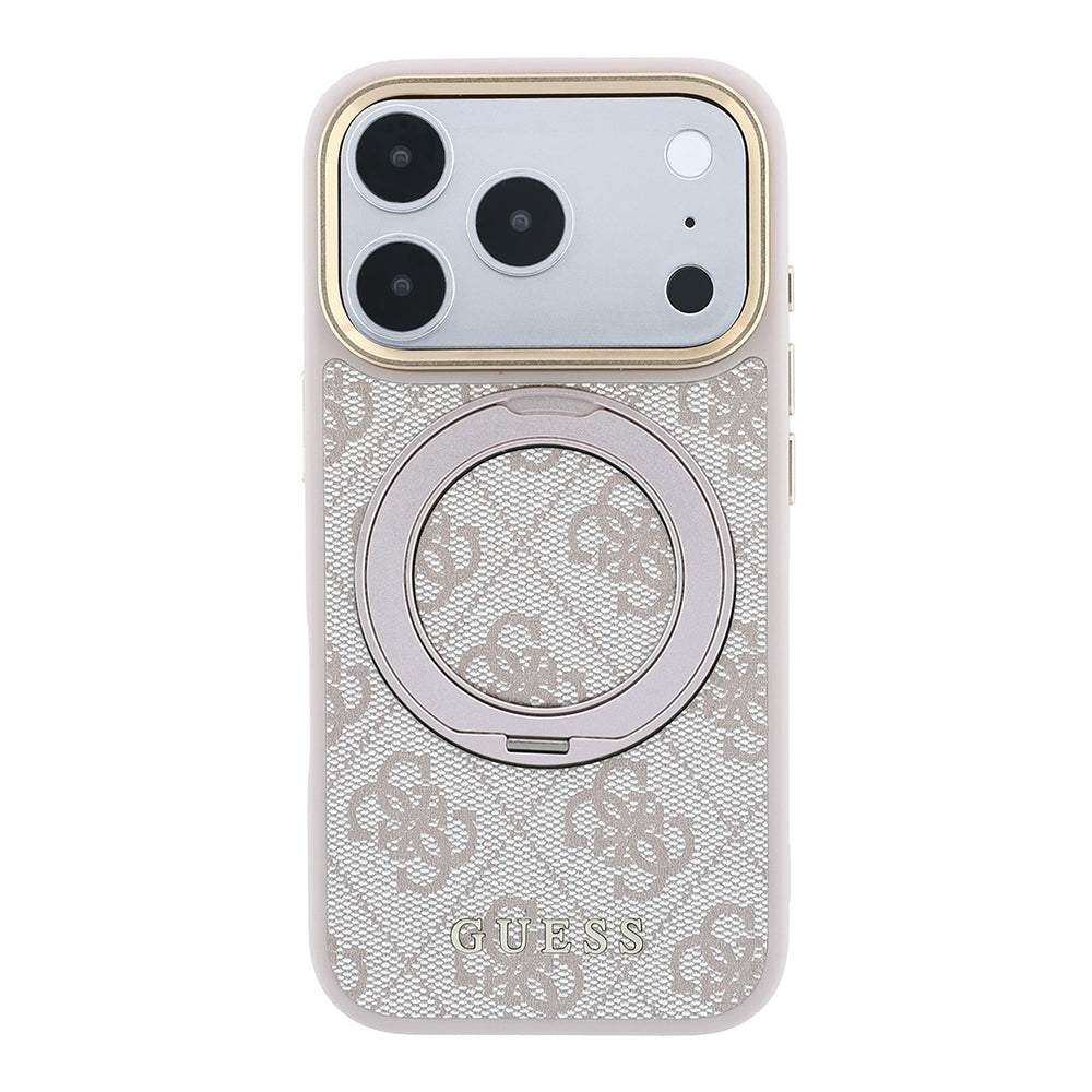Apple iPhone 18 Pro Max Kılıf Guess M-safe Uyumlu 360 Dönebilen Standlı 4G Desenli Klasik Yazı Logolu Kapak Pembe