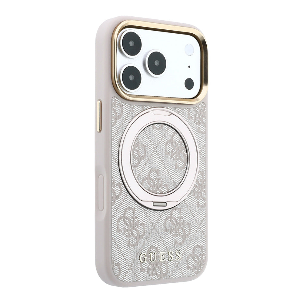 Apple iPhone 18 Pro Max Kılıf Guess M-safe Uyumlu 360 Dönebilen Standlı 4G Desenli Klasik Yazı Logolu Kapak Pembe