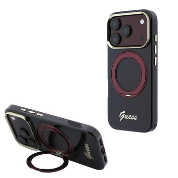 Apple iPhone 18 Pro Kılıf Guess M-safe Uyumlu 360 Dönebilen Standlı Metal Yazı Logolu Kapak Bordo