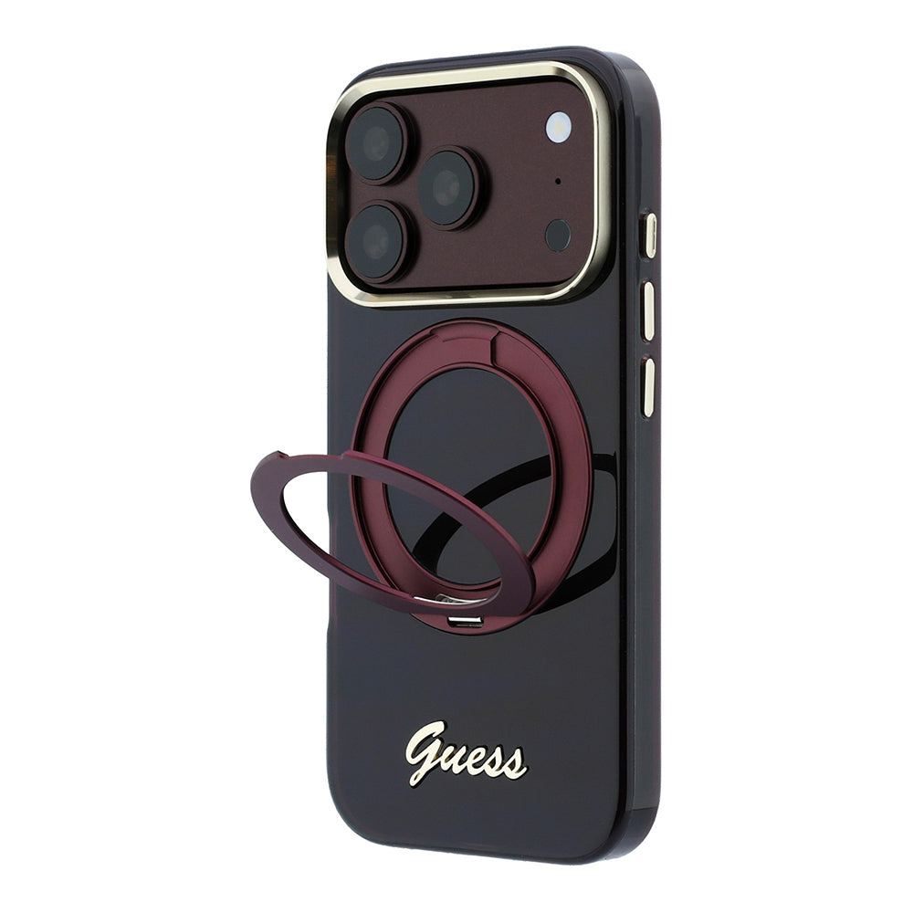 Apple iPhone 18 Pro Kılıf Guess M-safe Uyumlu 360 Dönebilen Standlı Metal Yazı Logolu Kapak Bordo