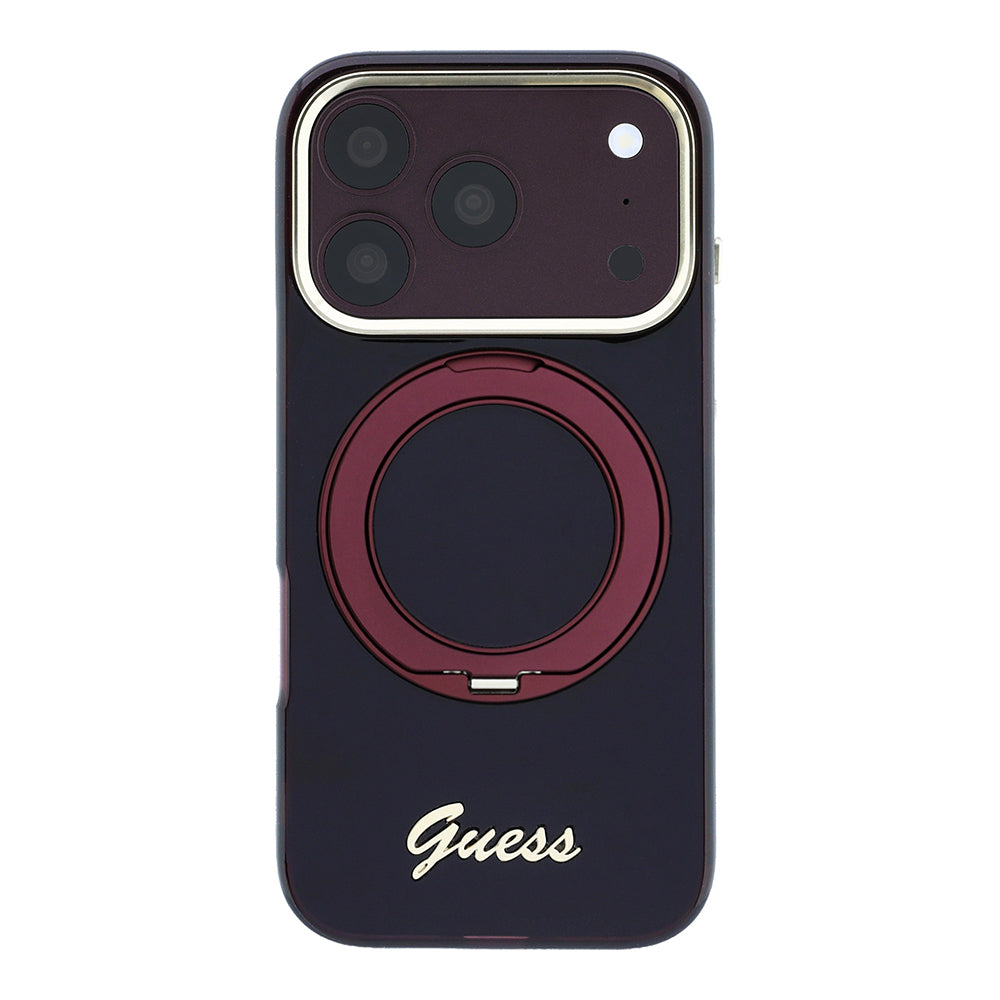 Apple iPhone 18 Pro Kılıf Guess M-safe Uyumlu 360 Dönebilen Standlı Metal Yazı Logolu Kapak Bordo
