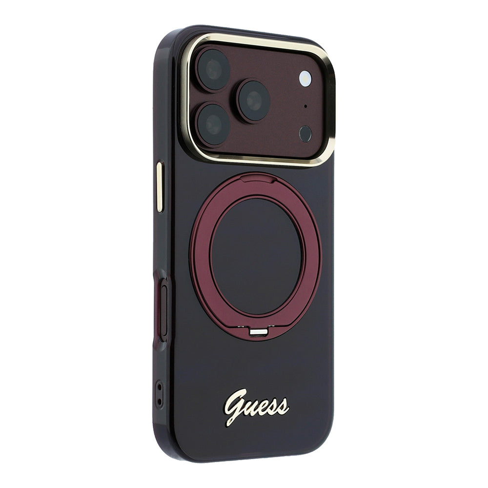Apple iPhone 18 Pro Kılıf Guess M-safe Uyumlu 360 Dönebilen Standlı Metal Yazı Logolu Kapak Bordo